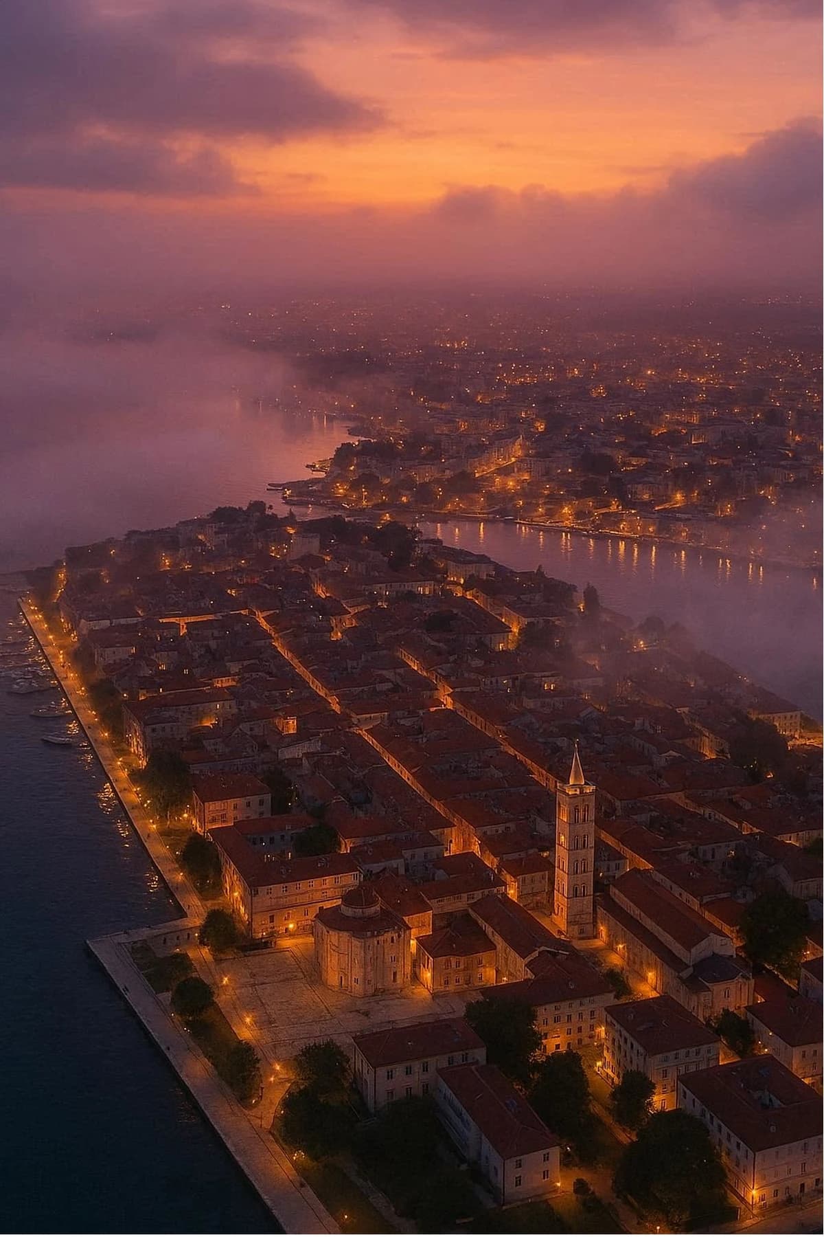Zadar u zalasku sunca, pogled iz zraka