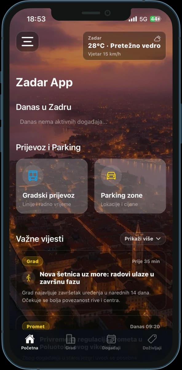 Početni zaslon aplikacije ZadarApp s vremenskom prognozom i gradskim vijestima